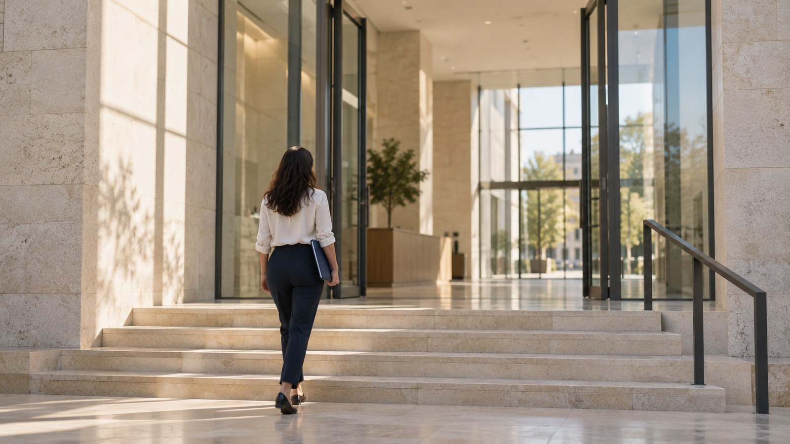 אישה אוחזת תיק מסמכים עולה במדרגות לכניסת בניין ציבורי – עתירות מנהליות